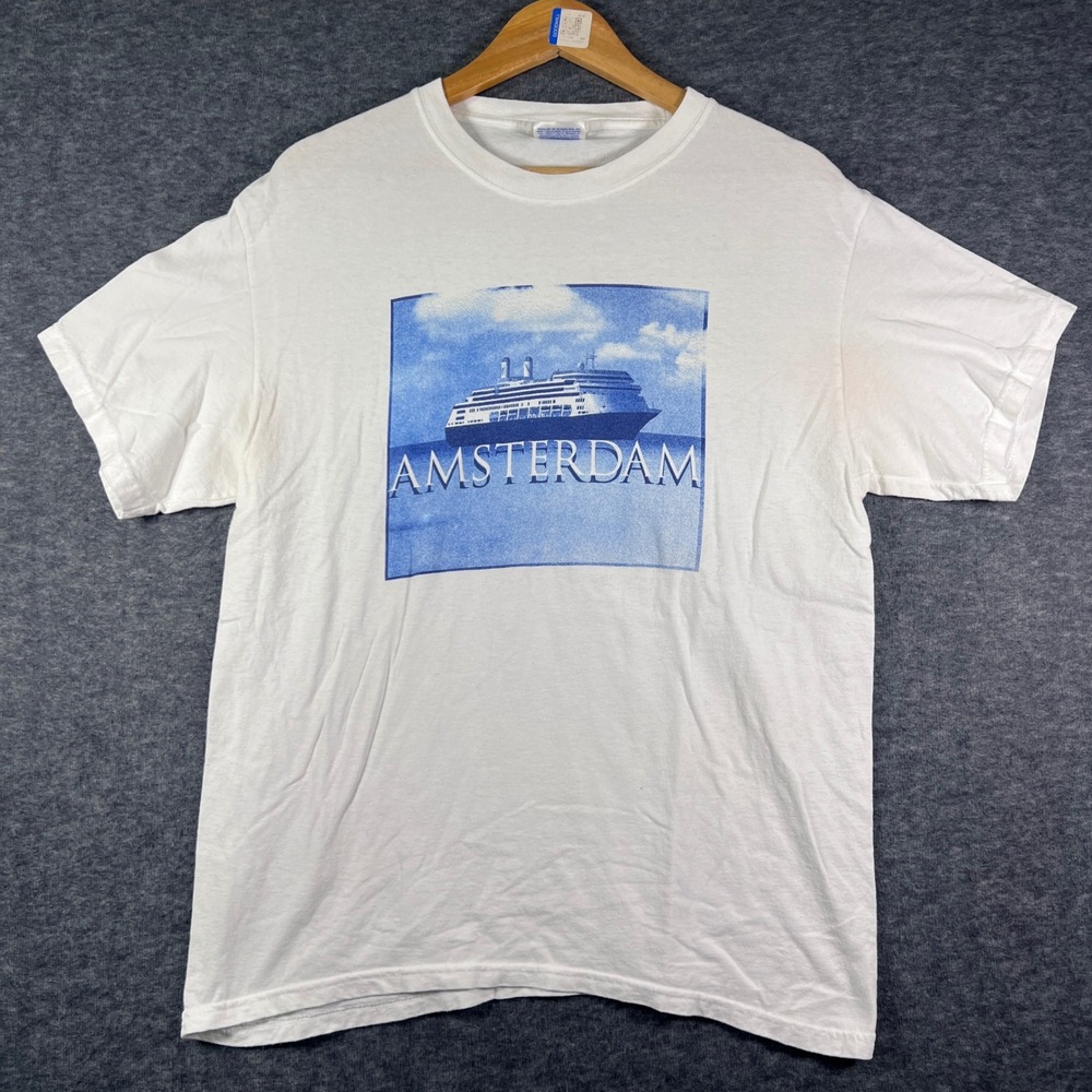 Hanes Heavyweight Amsterdam Cruise Ship Graphic T-Shirt Medium White Vintage